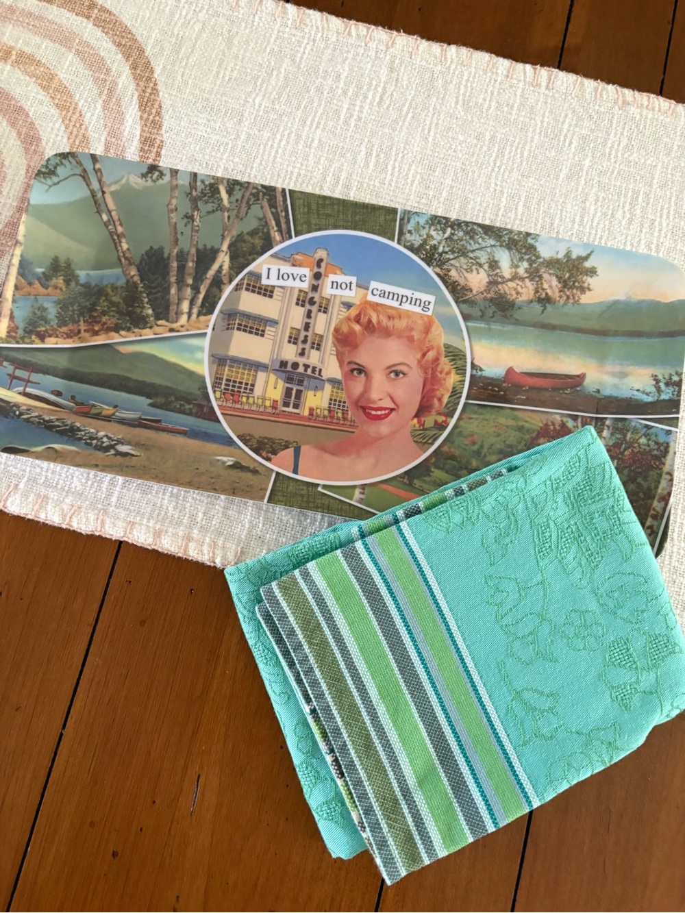 I love not camping retro motel plastic tray and towel bundle.